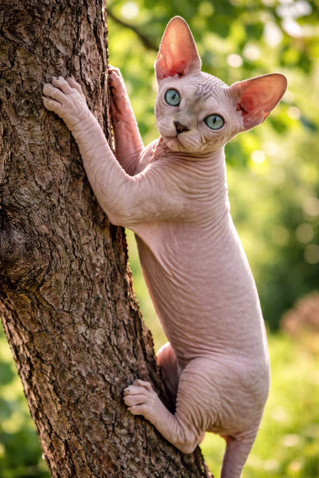 Chat Sphynx adulte grimpant à un arbre, montrant son agilité naturelle