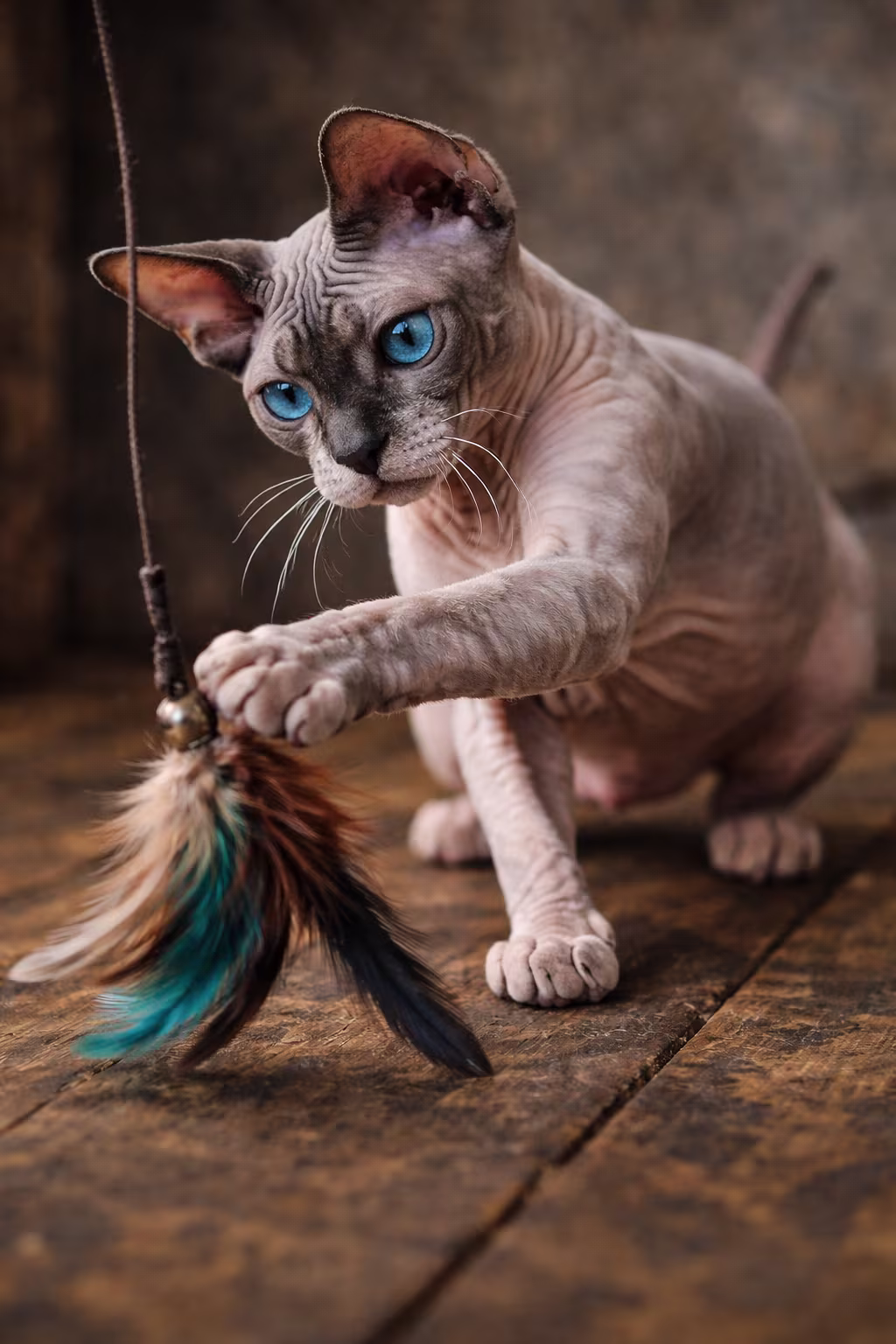 Chat Sphynx en train de jouer, en pleine forme grâce à nos soins quotidiens